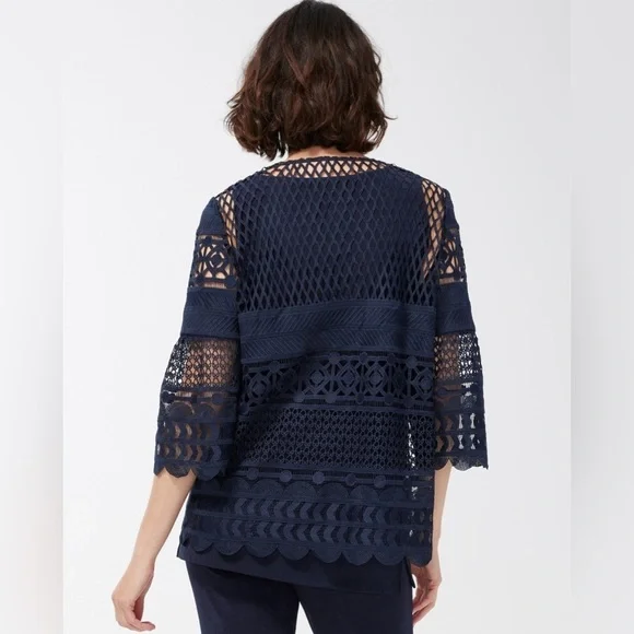 Chic Navy Lace Travelers Collection Crochet Jacket Career Events Classic Size 2
